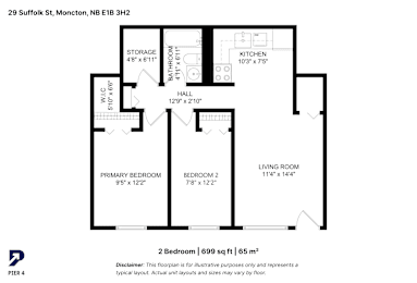 A floor plan for a 2 bedroom apartment at 29 Suffolk St, Moncton, NB E1B 3H2.