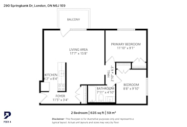 A black and white image of a floor plan for a 2 bedroom apartment.