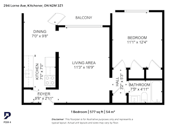 A black and white image of a floor plan for a one bedroom apartment.