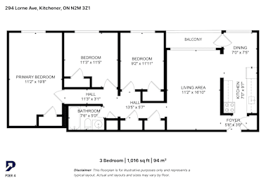 A floor plan for a 3 bedroom, 1,016 sq ft | 94 m2 property.