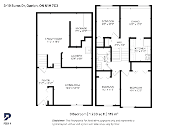 A floor plan for a 3 bedroom, 1,283 sq ft, 119 m2 property.