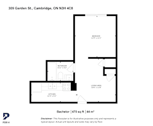 A floor plan for a Bachelor apartment at 309 Garden St., Cambridge, ON N3H 4C8.