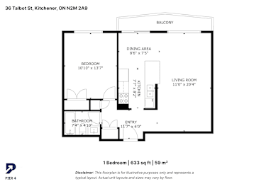 Floor plan for a 1 bedroom apartment sized 633 sq ft.