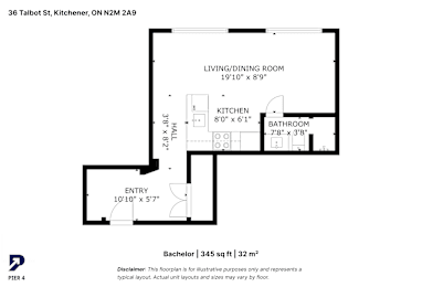 A floor plan for a Bachelor apartment at 36 Talbot St, Kitchener, ON N2M 2A9.