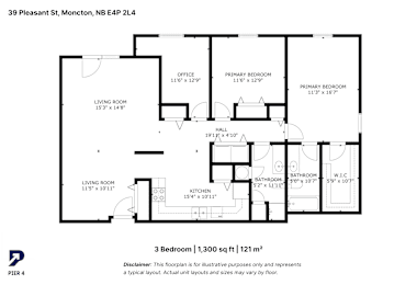 A black and white image of a 3 bedroom apartment layout.