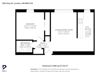 A black and white image of a floor plan for a 1 bedroom apartment.