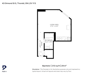 A floor plan for a Bachelor apartment is shown with a living area, a bathroom, and kitchen.