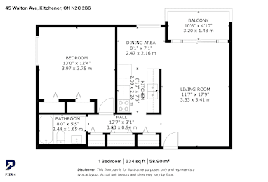 A black and white image of a floor plan for a 1 bedroom apartment.