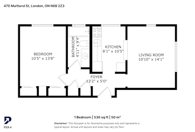 A floor plan for a 1 bedroom apartment is shown.