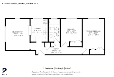 A black and white image of a floor plan for a 2 bedroom apartment.