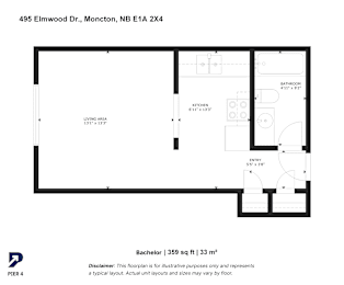 A floor plan for a Bachelor apartment at 495 Elmwood Dr., Moncton, NB E1A 2X4.