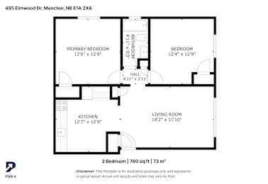 A floor plan for a two bedroom apartment measuring 780 sq ft / 73 m2.