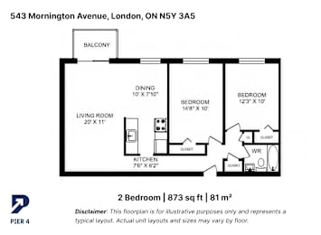 A black and white diagram of a 2 bedroom apartment.