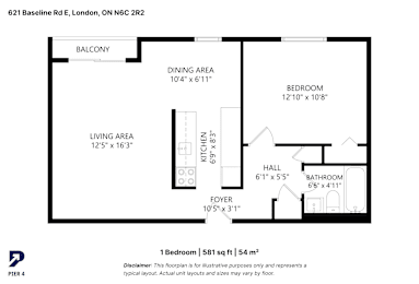 A black and white image of a floor plan for a one bedroom apartment.