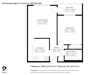 A floor plan for a one bedroom apartment at 68 Breckenridge Dr, Kitchener, ON N2B 2N9.
