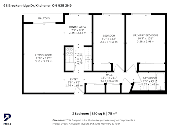 A black and white image of a 2 bedroom apartment layout.