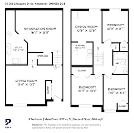 A floor plan for a 3 bedroom home with a living room, dining room, kitchen, and two bedrooms.