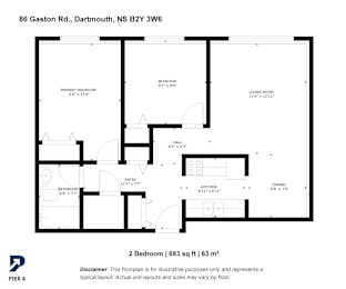 A floor plan for a 2 bedroom apartment at 86 Gaston Rd, Dartmouth, NS B2Y 3W6.