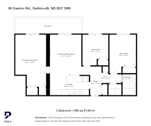 A black and white floor plan for a 3 bedroom, 959 sq ft, 89 m2 unit.