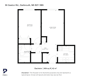 A floor plan for a Bachelor apartment at 86 Gaston Rd, Dartmouth, NS B2Y 3W6.