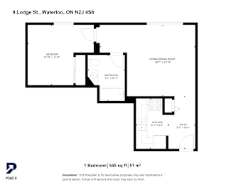 A black and white image of a floor plan for a one bedroom apartment.