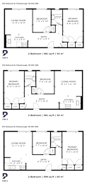 A set of four house floor plans with two bedrooms and a living area.