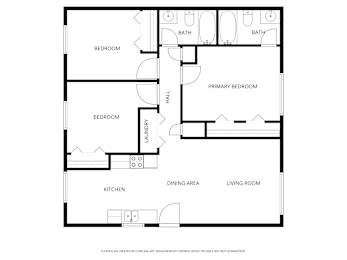 A black and white floor plan of a home with a living room, dining area, kitchen, and three bedrooms.