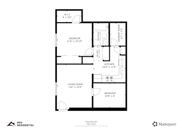 A floor plan for a home with a living room, two bedrooms, and a kitchen.