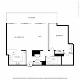 A black and white image of a floor plan for a home with a living/dining area, kitchen, den, bedroom, bathroom, and closet.