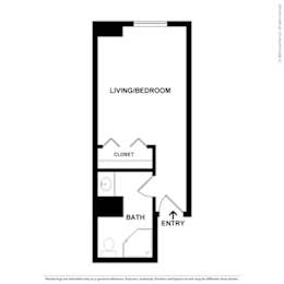 A black and white drawing of a floor plan for a small apartment.