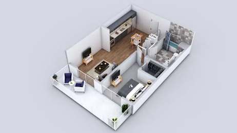 A 3D floor plan of a small apartment with a kitchen, living room, and bathroom.