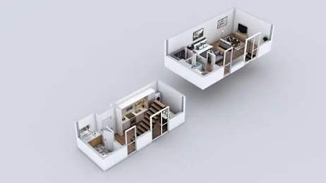 Two white model apartments are displayed on a grey background.