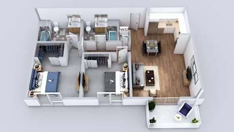 A floor plan of a small apartment with a kitchen, living room, and bathroom.