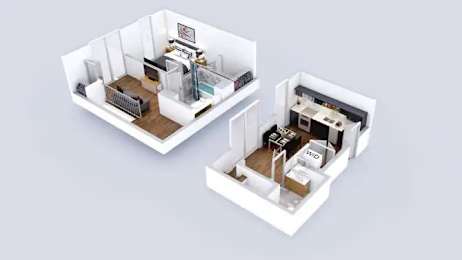 Two white 3d floor plans of a house.