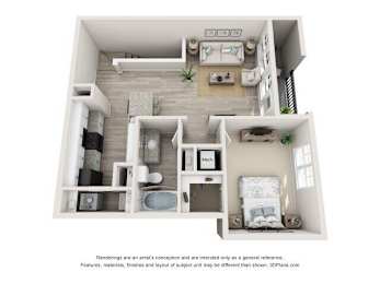 1bed 1bath A Floor Plan at Leland Station Apartments, Leland, NC, 28451