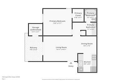 A floor plan of a one bedroom apartment in Tempe, Arizona.