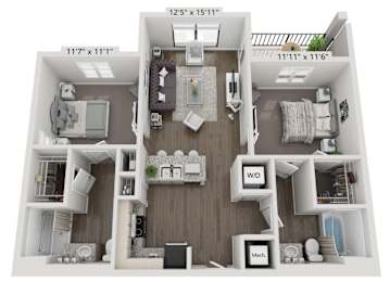 A 3D floor plan of a small apartment with a living room, kitchen, and bedroom.