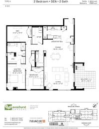 A floor plan for a 2 Bedroom + DEN + 2 Bath suite at Avonhurst Gardens.