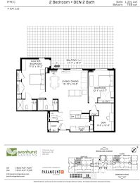 A floor plan for a 2 Bedroom + Den 2 Bath suite at Avonhurst Gardens.