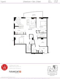A black and white diagram of a Type B apartment layout with a balcony and two bathrooms.