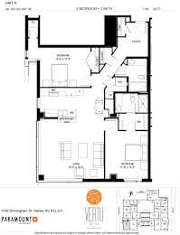 A black and white image of a floor plan for a 2 bedroom apartment.