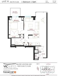 A floor plan for a 2nd-9th floor apartment with 1 bedroom and 1 bathroom.