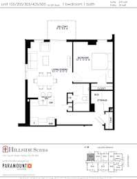 A floor plan for a 1 bedroom 1 bath suite at Hillside Suites.
