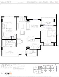 A black and white image of a floor plan for a 1st to 4th level apartment with 2 bedrooms and 1 bath.