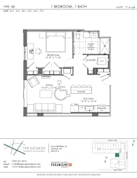 A floor plan for a 1 bedroom, 1 bath apartment.