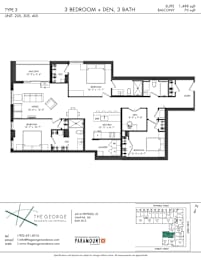 A floor plan for a 3 bedroom, 3 bathroom suite at The George Residences on Pepperell Street.