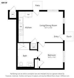 A floor plan of a 489 square foot home with a kitchen, bathroom, bedroom, living/dining room, and patio.
