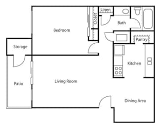 Floorplan of the Aspen style 1 bedroom 1 bathroom unit