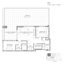 Floor plan of 201 (2 Bed + Den, 2 Bath) at SoHo Champagne 2