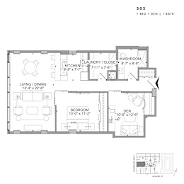 Floor plan of 202 (1 Bed + Den, 1 Bath) at SoHo Champagne 2